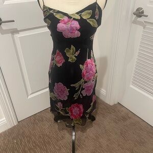 Betsey Johnson Black Silk Dress with Pink Floral Design